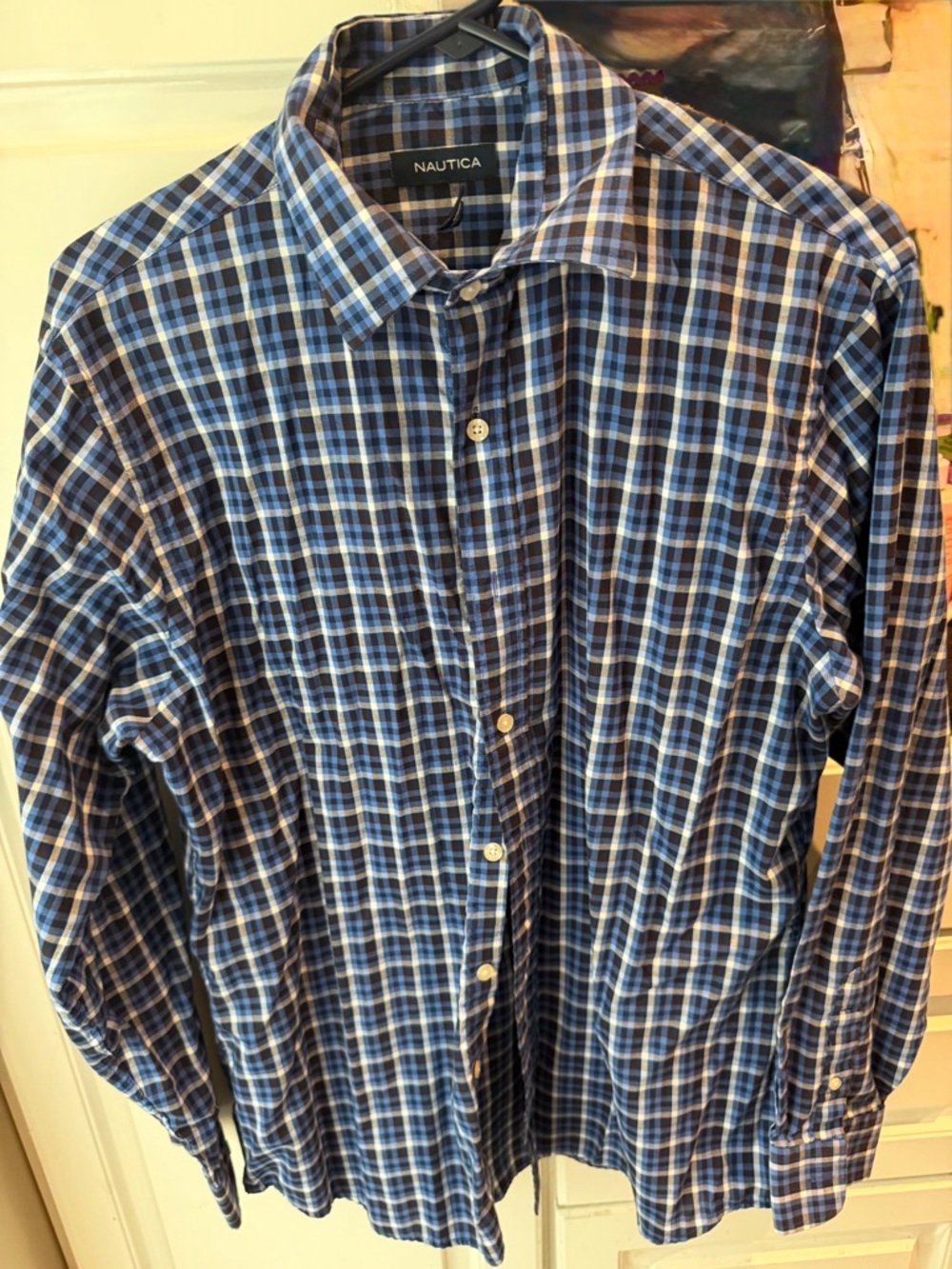Nautica Men’s Blue and White Plaid Button-Down Shirt